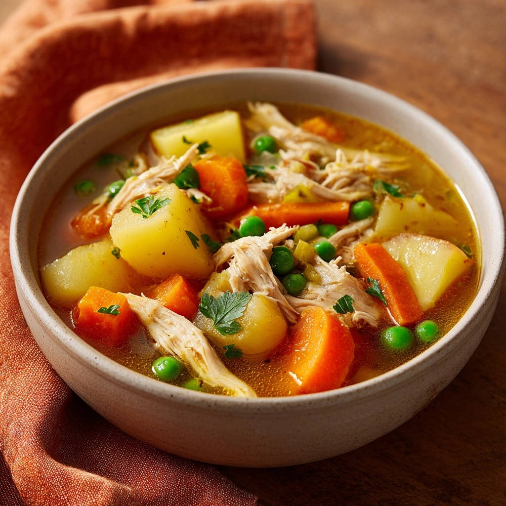 Herzhafte Hühnersuppe mit knusprigen Kartoffeln, Karotten, Erbsen und zartem Hühnerfleisch in einer Schüssel.