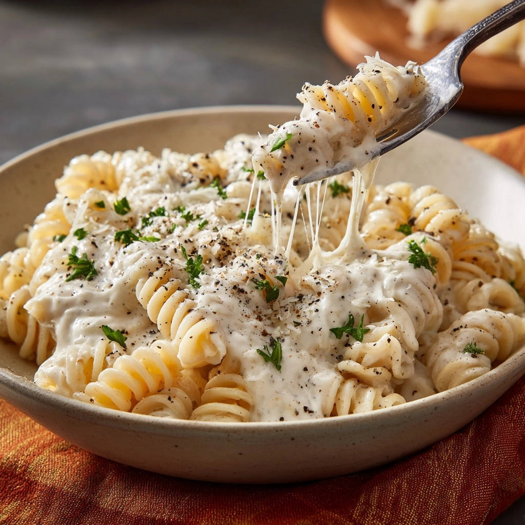 Cremige Käse-Fusilli mit geschmolzenen Käsefäden, serviert mit frischer Petersilie und schwarzem Pfeffer.
