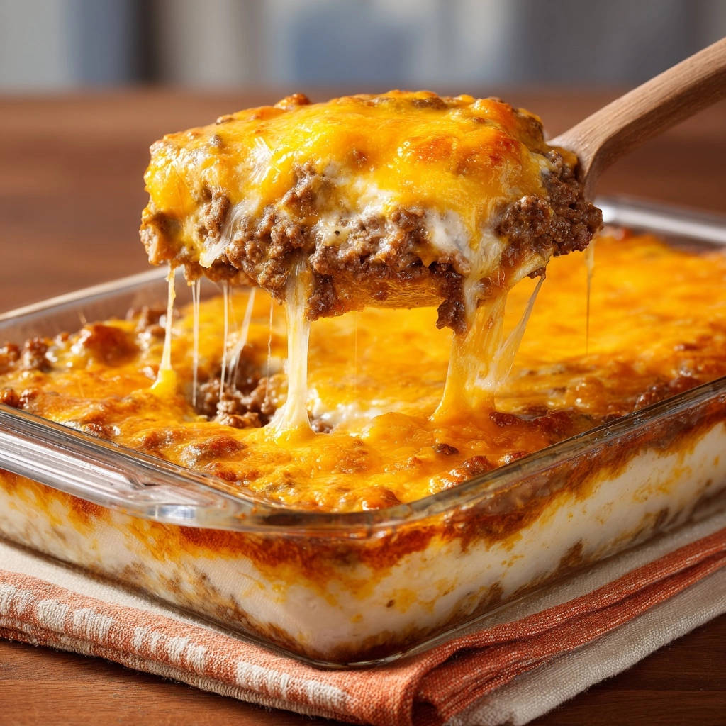 Kaese Hack Auflauf Scheibe Mit Kaese 1 Deftiger Käse-Hack-Auflauf als servierfertige Scheibe mit zartschmelzendem Käse von der Kelle gehoben