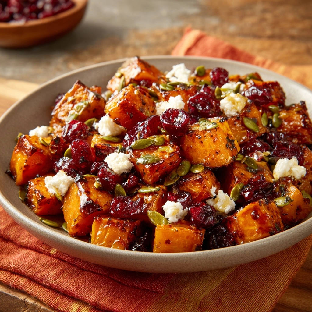 Karamellisierter Krbis Nahaufnahme 1 Karamellisierter Ofenkürbis mit Cranberry und Feta, nahaufnahme der Textur mit Kürbiswürfeln, Cranberries und Feta-Käse