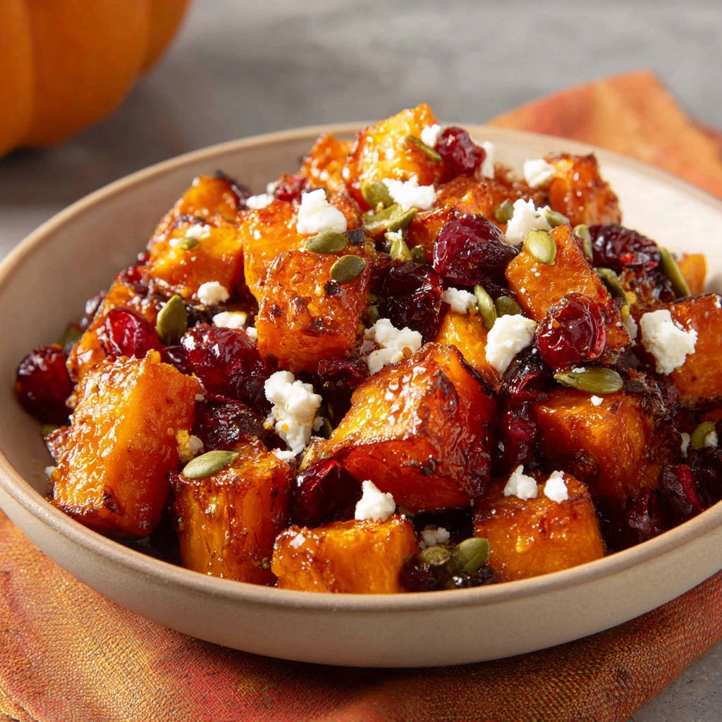 Karamellisierter Ofenkürbis mit Cranberry und Feta als Nahaufnahme mit sichtbaren Kürbiswürfeln, getrockneten Cranberries und Feta-Käse.