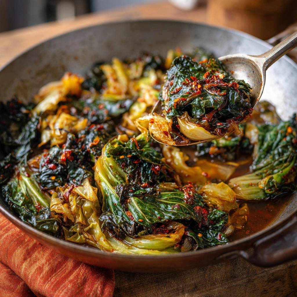 Karamellisierter Rosenkohl Mit Chili Knoblauch Glasur Nahein 1 Karamellisierter Rosenkohl mit Chili-Knoblauch-Glasur, nahaufnahme eines Löffels mit dem Gericht, das die Textur und Glasur zeigt.