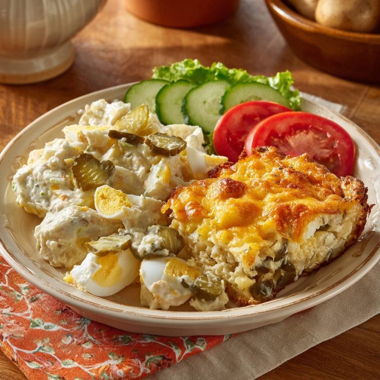 Sonntags-Schmaus: Kartoffel-Gurken-Auflauf & Cremiger Kartoffelsalat serviert mit Beilagen auf einem Teller
