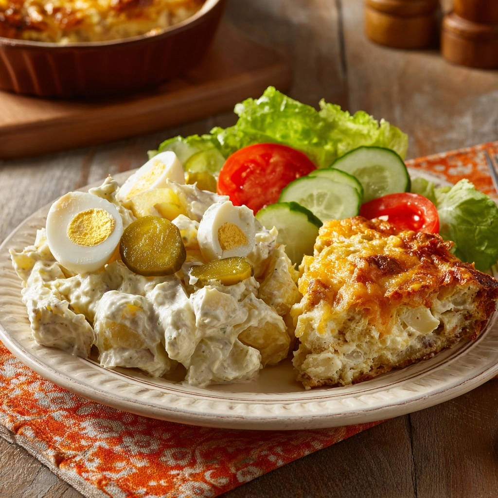 Kartoffel Gurken Auflauf Serviert Mit Kartoffelsalat 1 Sonntags-Schmaus: Kartoffel-Gurken-Auflauf und cremiger Kartoffelsalat, serviert auf einem Teller mit Beilagensalat und Ei.