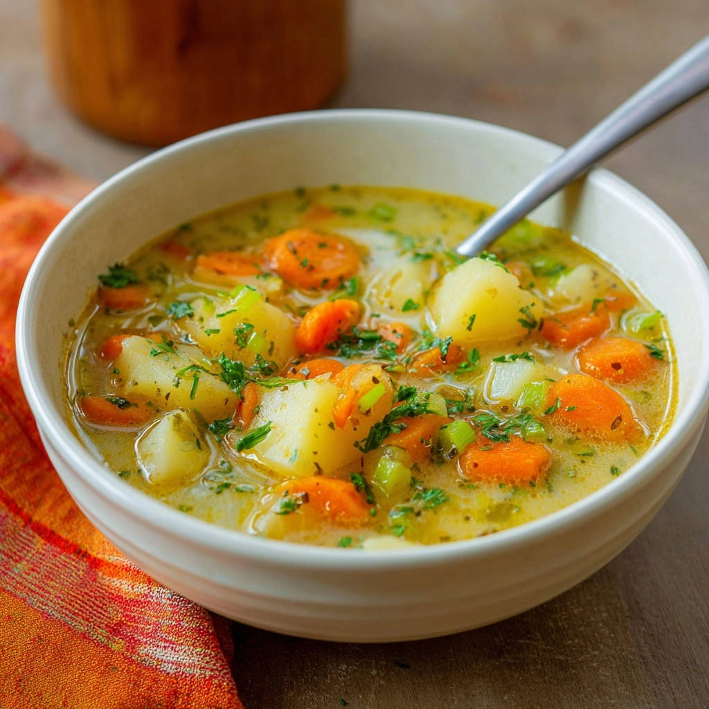 Herzhafte Kartoffel-Karotten-Cremesuppe als Nahaufnahme mit frischen Kräutern und sichtbaren Karotten- und Kartoffelstücken.