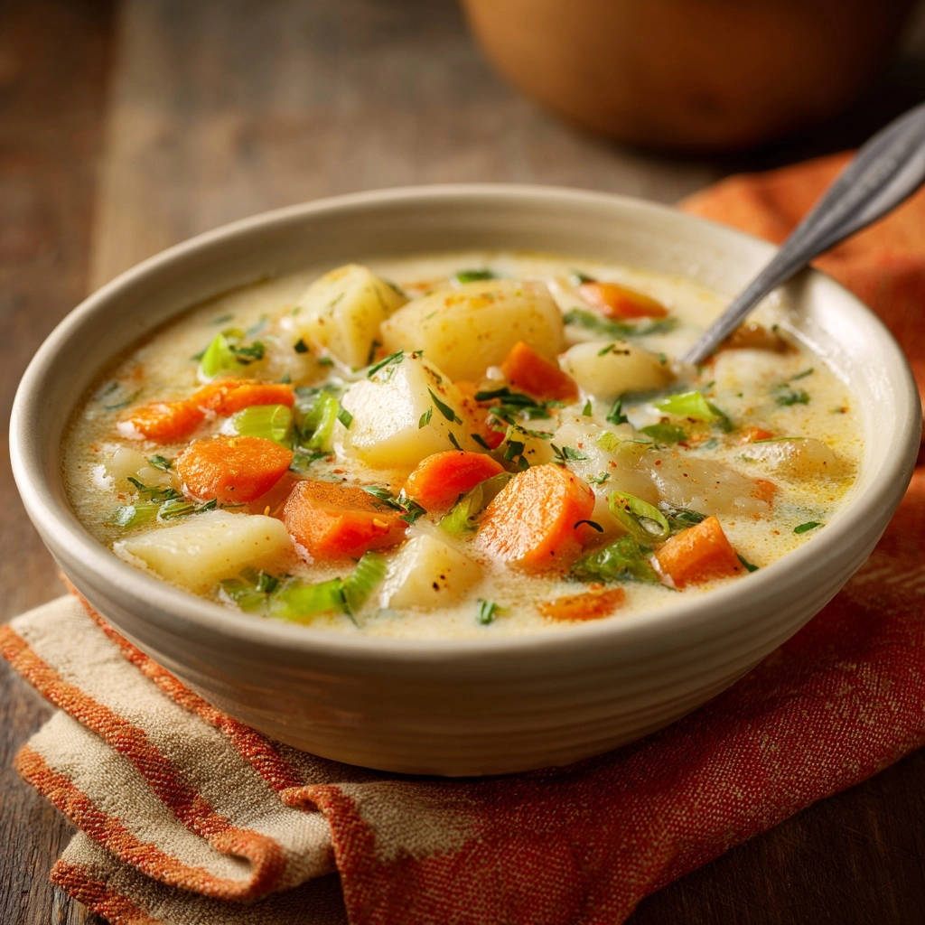 Herzhafte Kartoffel-Karotten-Cremesuppe in einer Schüssel, nahaufnahme der cremigen Konsistenz und Gemüsestücke.