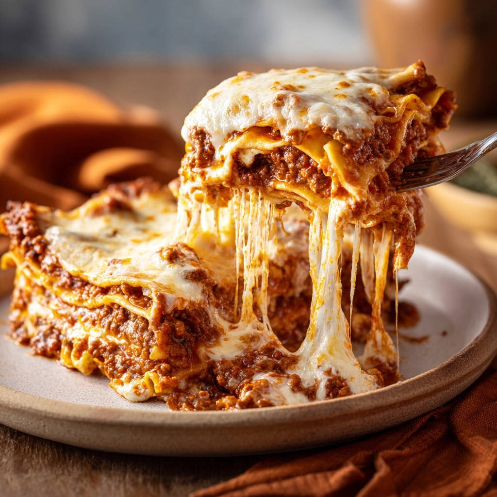 Klassische Lasagne al Forno, die auf einer Gabel angehoben wird und lange Fäden von geschmolzenem Käse zieht.