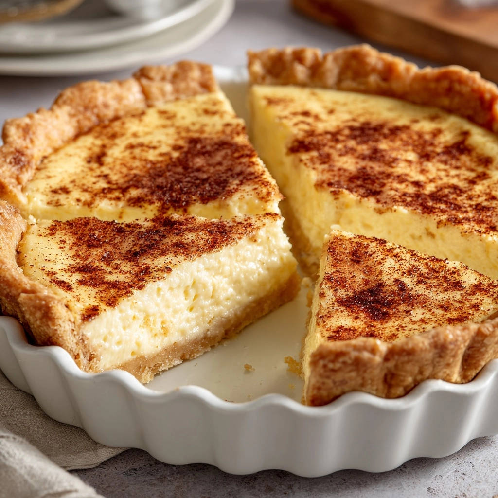 Klassische Vanille-Cremetarte mit knusprigem Boden, angeschnitten und mit Zimt bestäubt, zeigt die cremige Füllung.