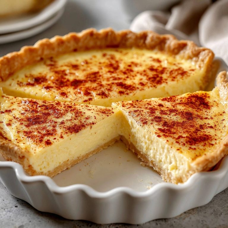 Klassische Vanille-Cremetarte mit knusprigem Boden, angeschnitten und mit Zimt bestäubt, zeigt die cremige Füllung.