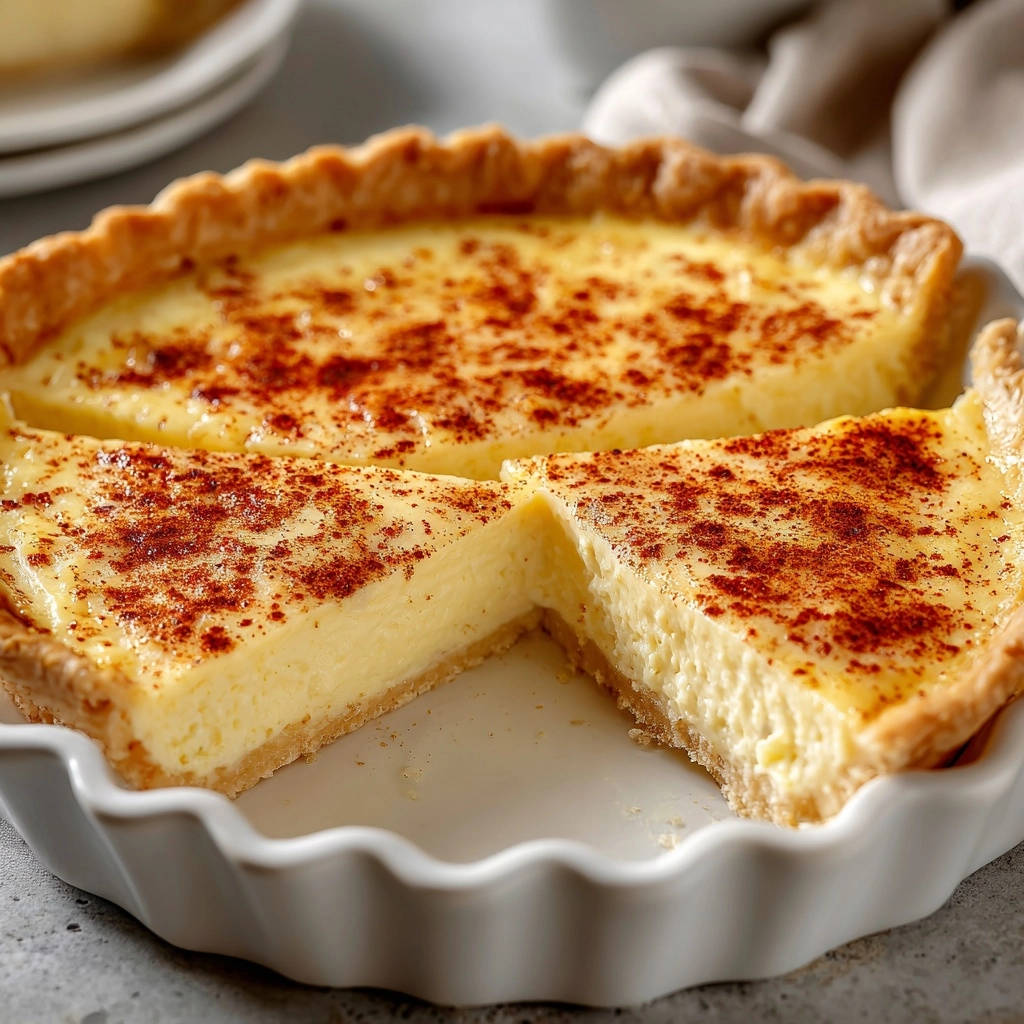 Klassische Vanille-Cremetarte mit knusprigem Boden, angeschnitten und mit Zimt bestäubt, zeigt die cremige Füllung.