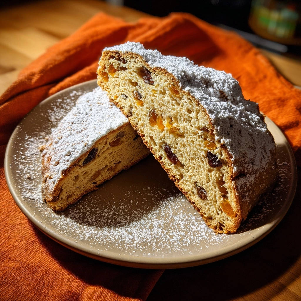 Klassischer Christstollen Angeschnitten Mit Puderzucker 1 Klassischer Christstollen angeschnitten mit Puderzucker bestäubt, zeigt die saftige Krume mit Rosinen und Nüssen.