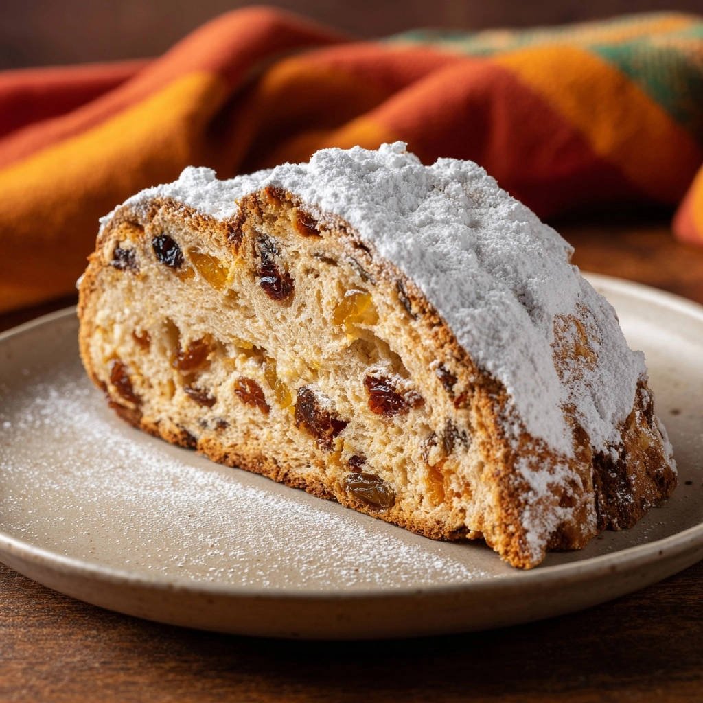 Klassischer Christstollen als angeschnittene Scheibe, bestäubt mit Puderzucker und voller Rosinen und kandierter Früchte.