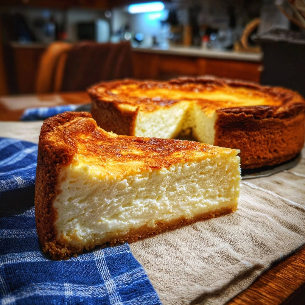 Klassischer Kasekuchen Angeschnitten 1 Klassischer Käsekuchen angeschnitten, zeigt die cremige Textur und den goldbraunen Boden und Rand.