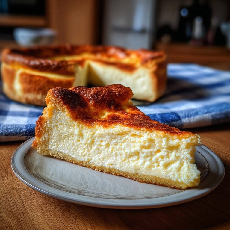 Klassischer Käsekuchen als angeschnittene Scheibe auf einem Teller, mit dem ganzen Kuchen im Hintergrund.