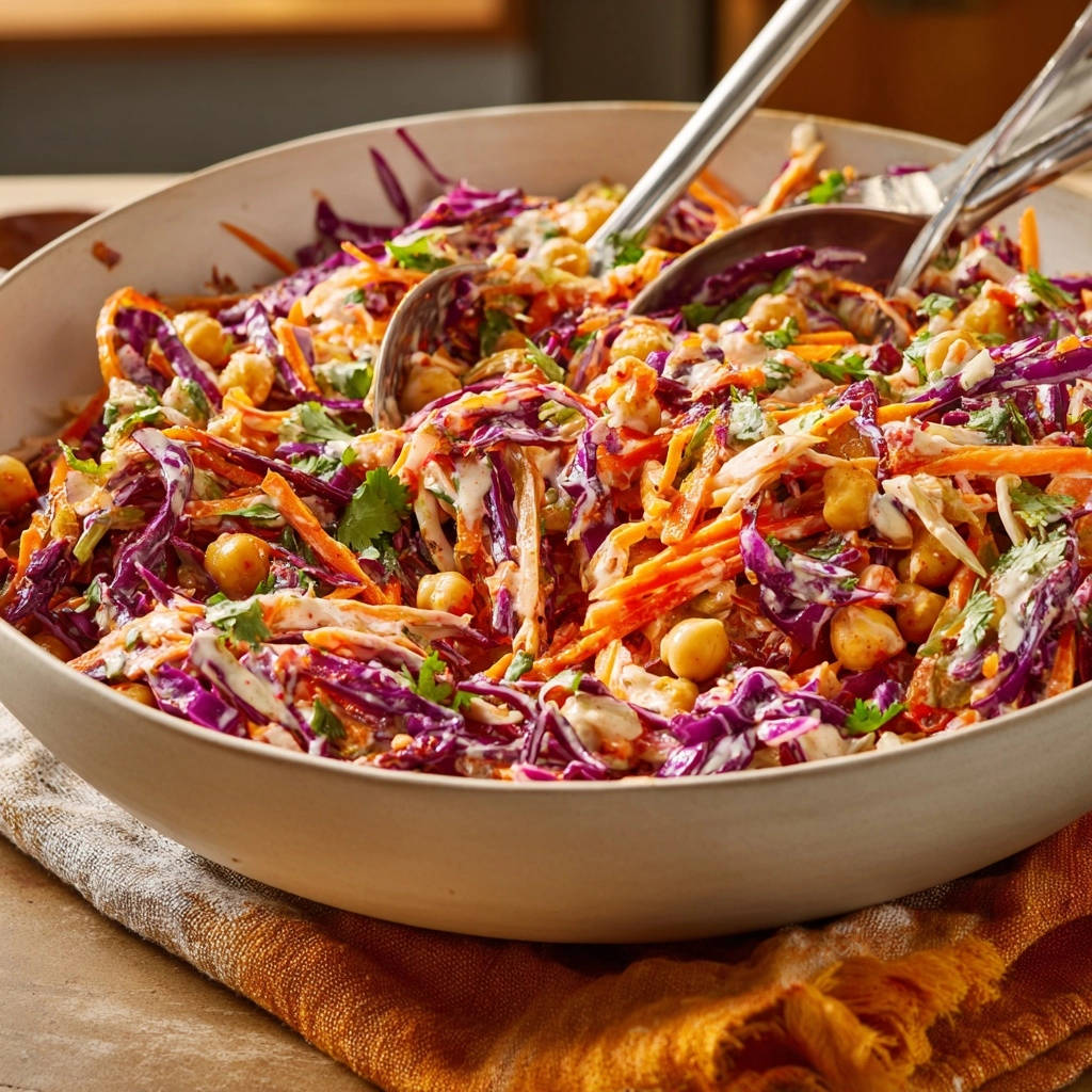 Knackiger Krautsalat mit Kichererbsen in einer Schüssel, mit zwei Löffeln zum Servieren, zeigt die frischen Zutaten.