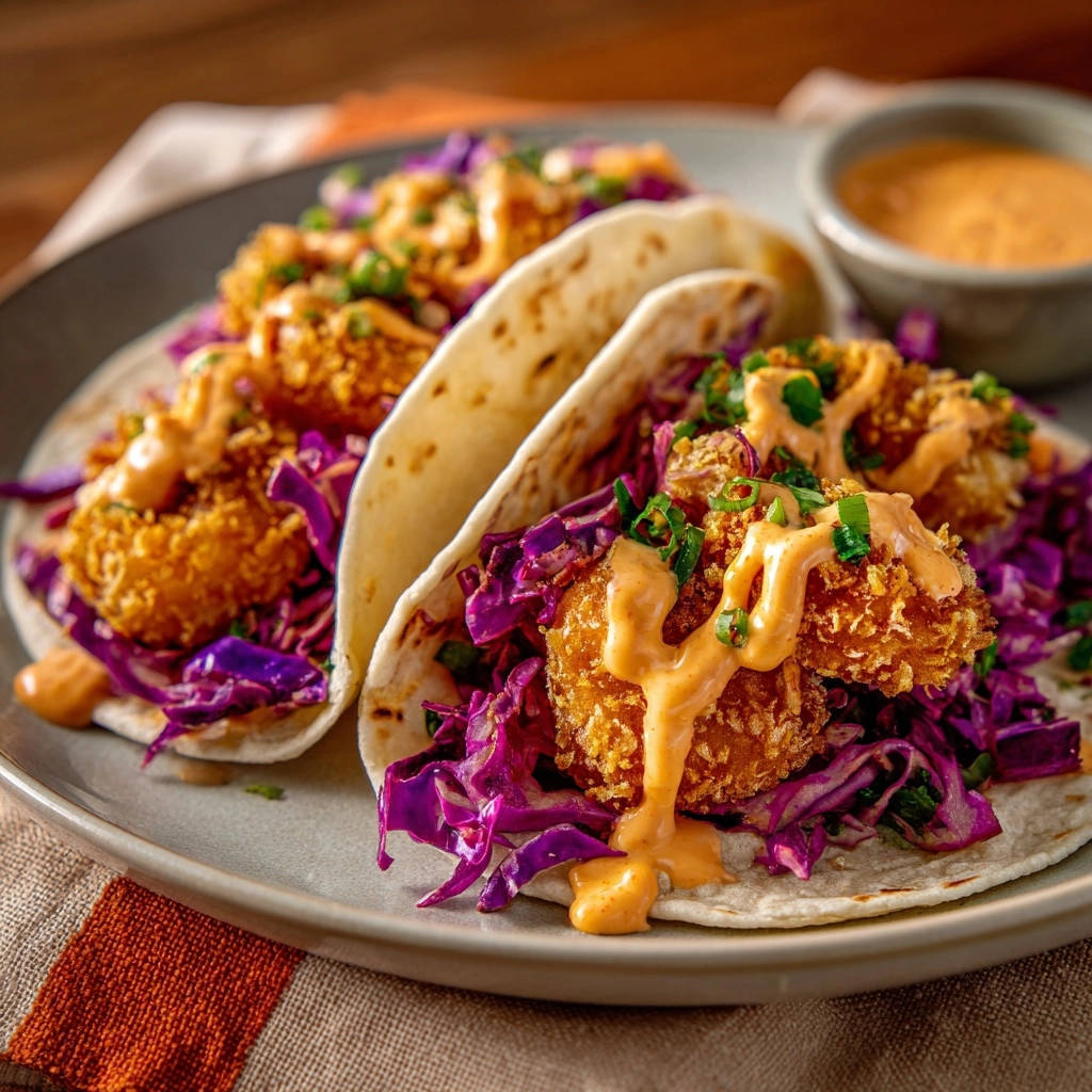 Knusprige Garnelen Tacos mit würziger Mayo, nahaufnahme der Garnelen und des roten Kohls mit Sauce.