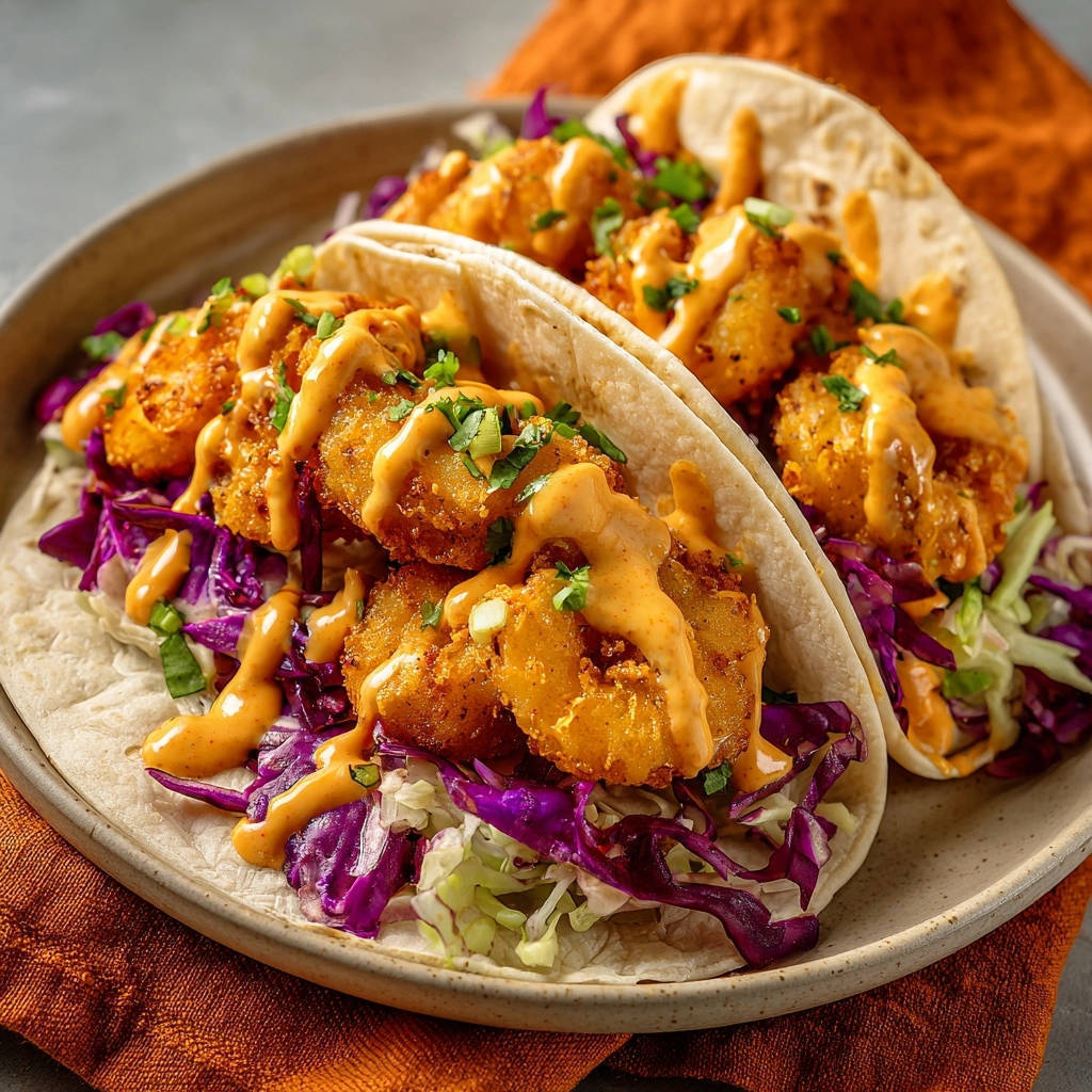Knusprige Garnelen Tacos mit würziger Mayo, nahaufnahme der Garnelen und Sauce auf Krautsalat in Tortillas.