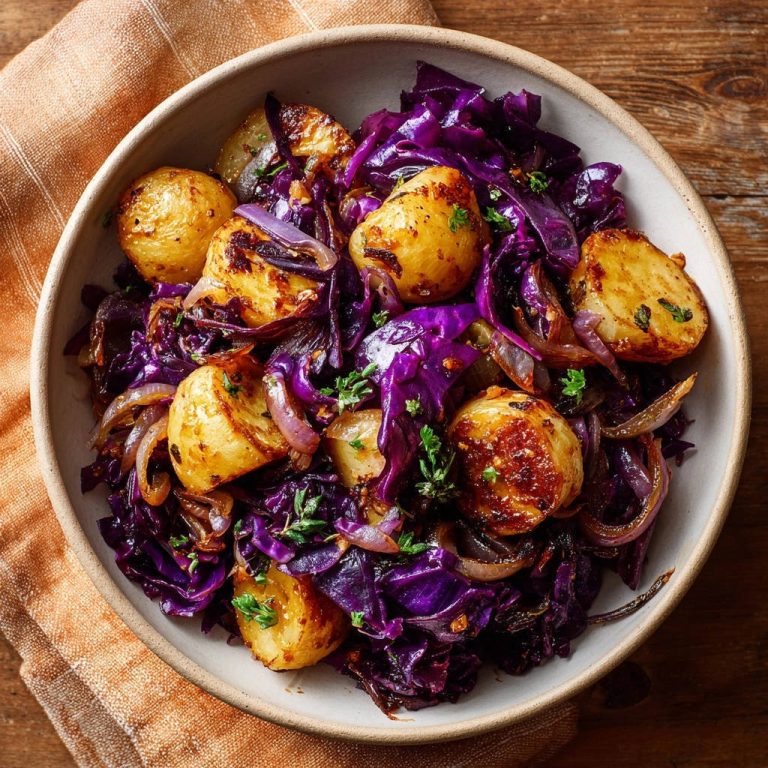 Knusprige Kartoffel-Kraut-Pfanne von oben in einer Schüssel mit Kartoffeln und Rotkohl, garniert mit Petersilie.
