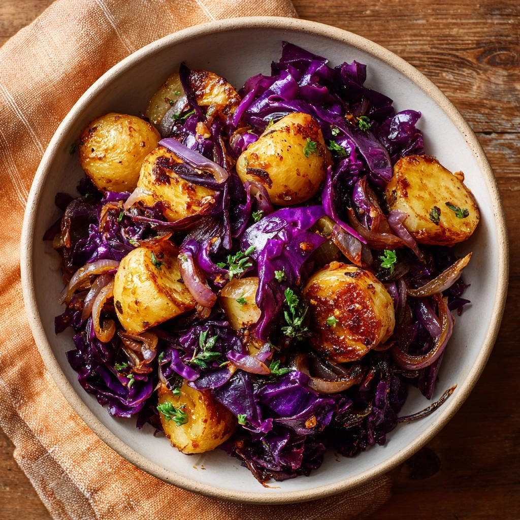Knusprige Kartoffel-Kraut-Pfanne von oben in einer Schüssel mit Kartoffeln und Rotkohl, garniert mit Petersilie.