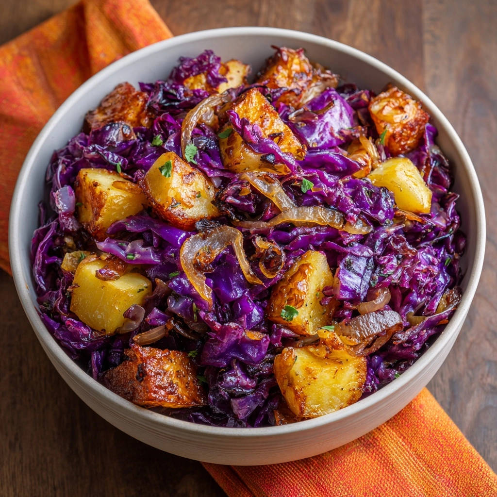 Knusprige Kartoffel-Kraut-Pfanne als Nahaufnahme in einer Schüssel mit goldbraunen Kartoffeln und Rotkohl.