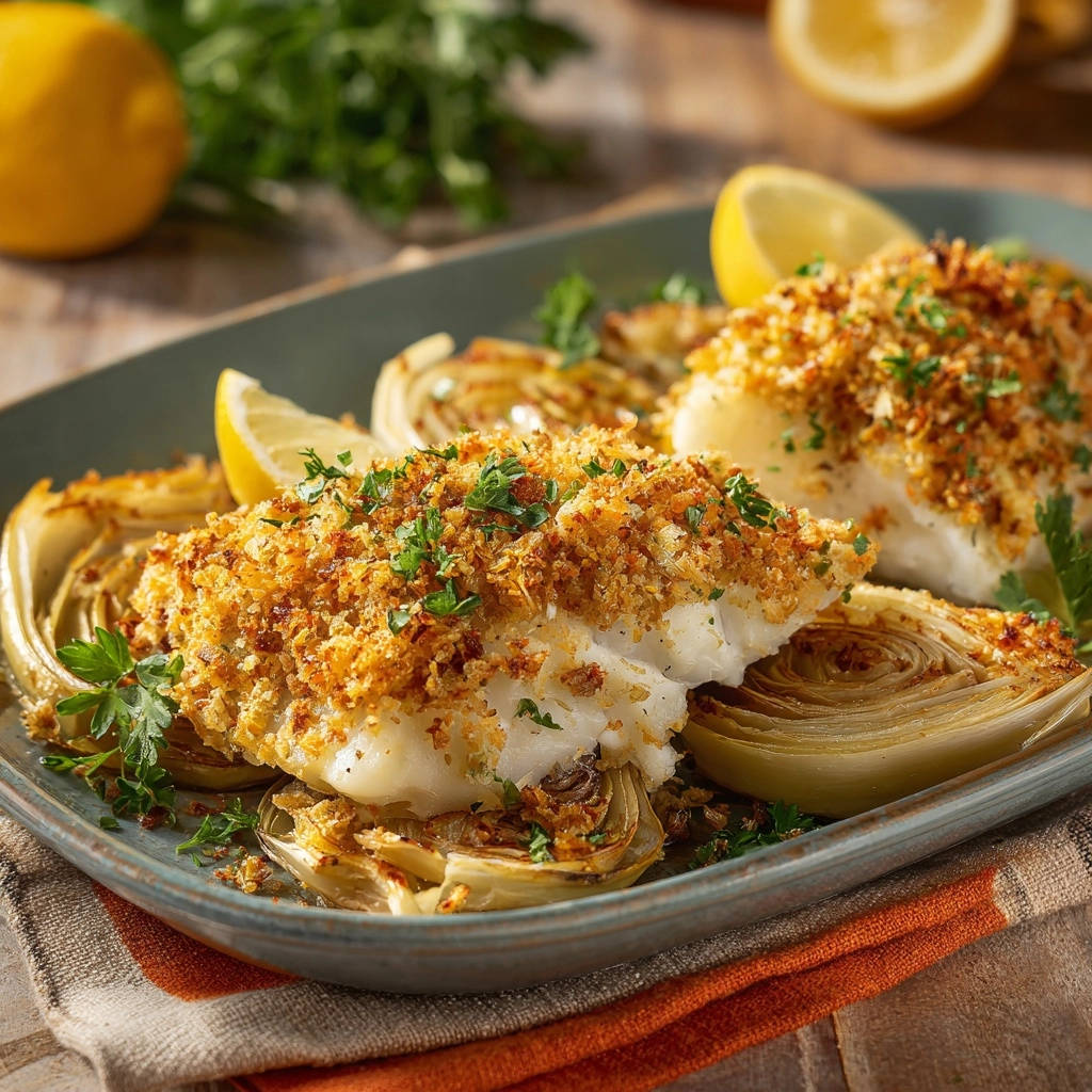 Knuspriger Ofen-Kabeljau mit Fenchel als Nahaufnahme, mit goldbrauner Kruste und frischer Petersilie garniert.