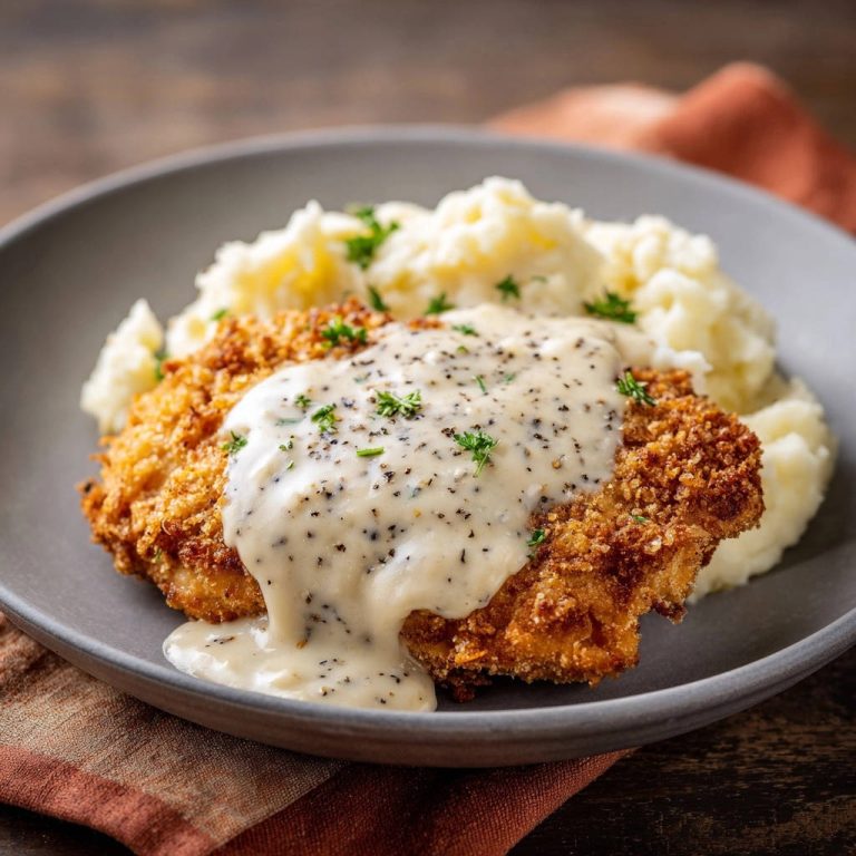 Knuspriges Hähnchen-Steak mit Pfeffer-Rahmsoße und Kartoffelpüree auf einem Teller serviert, mit Petersilie garniert.