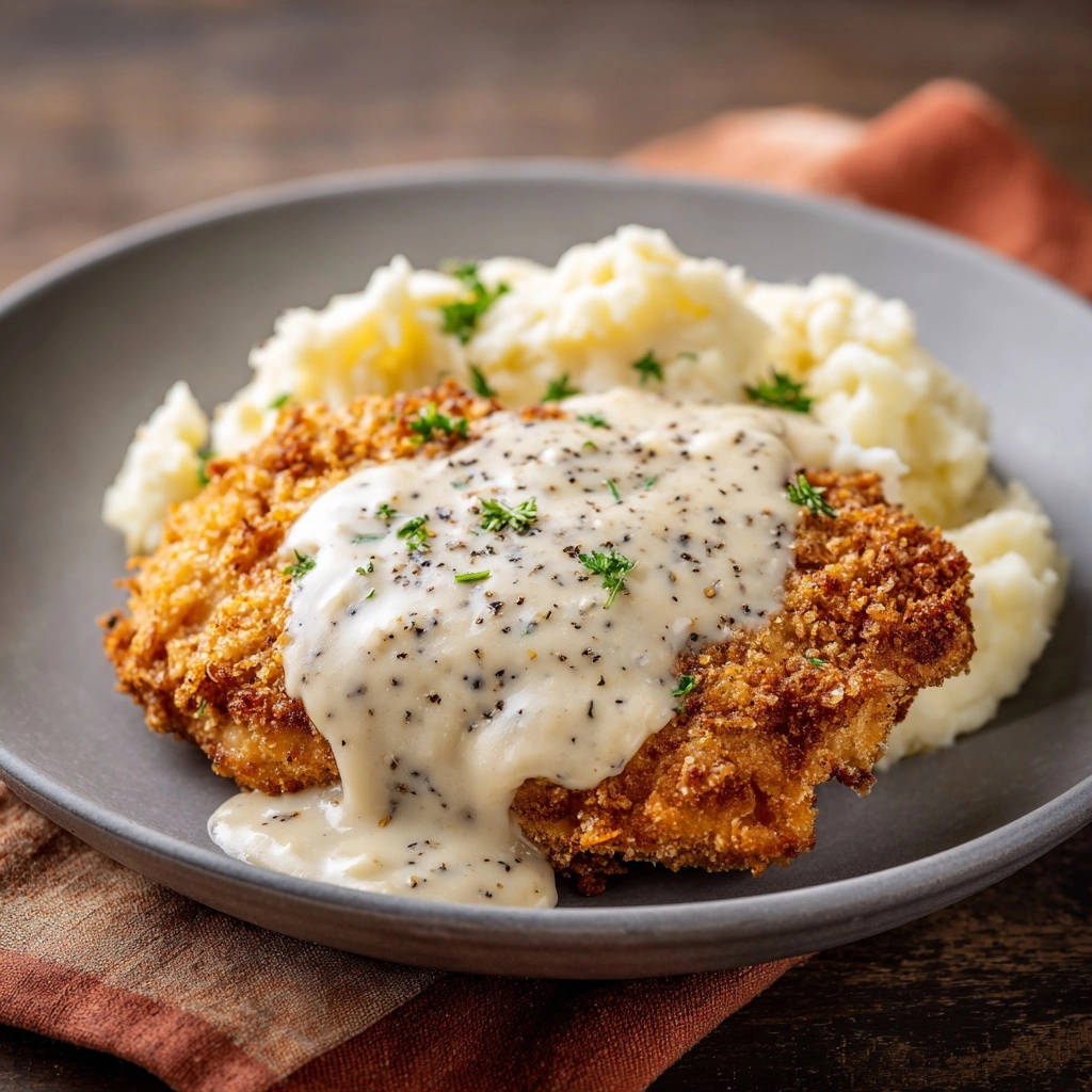 Knuspriges Hähnchen-Steak mit Pfeffer-Rahmsoße und Kartoffelpüree auf einem Teller serviert, mit Petersilie garniert.