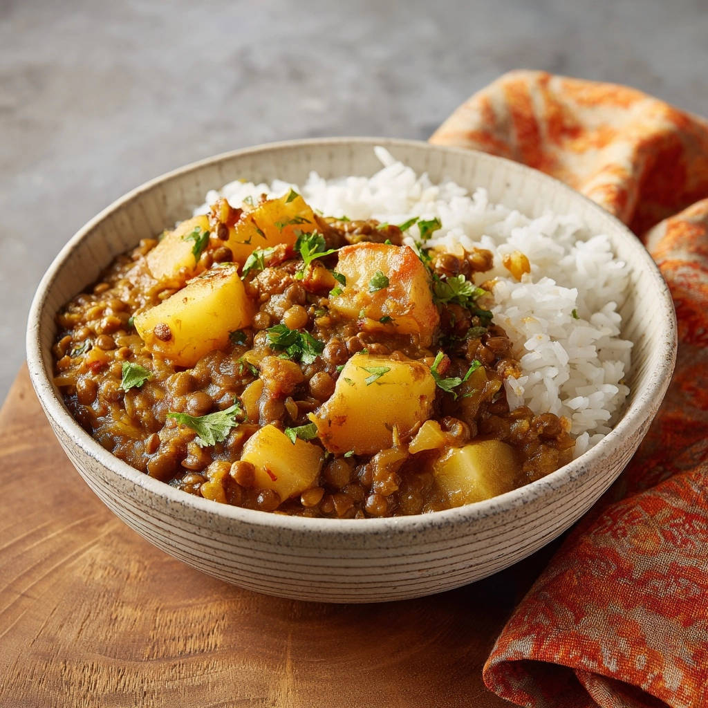 Herzhaftes Linsen-Kartoffel-Curry mit Reis, serviert in einer Schüssel mit frischer Petersilie garniert