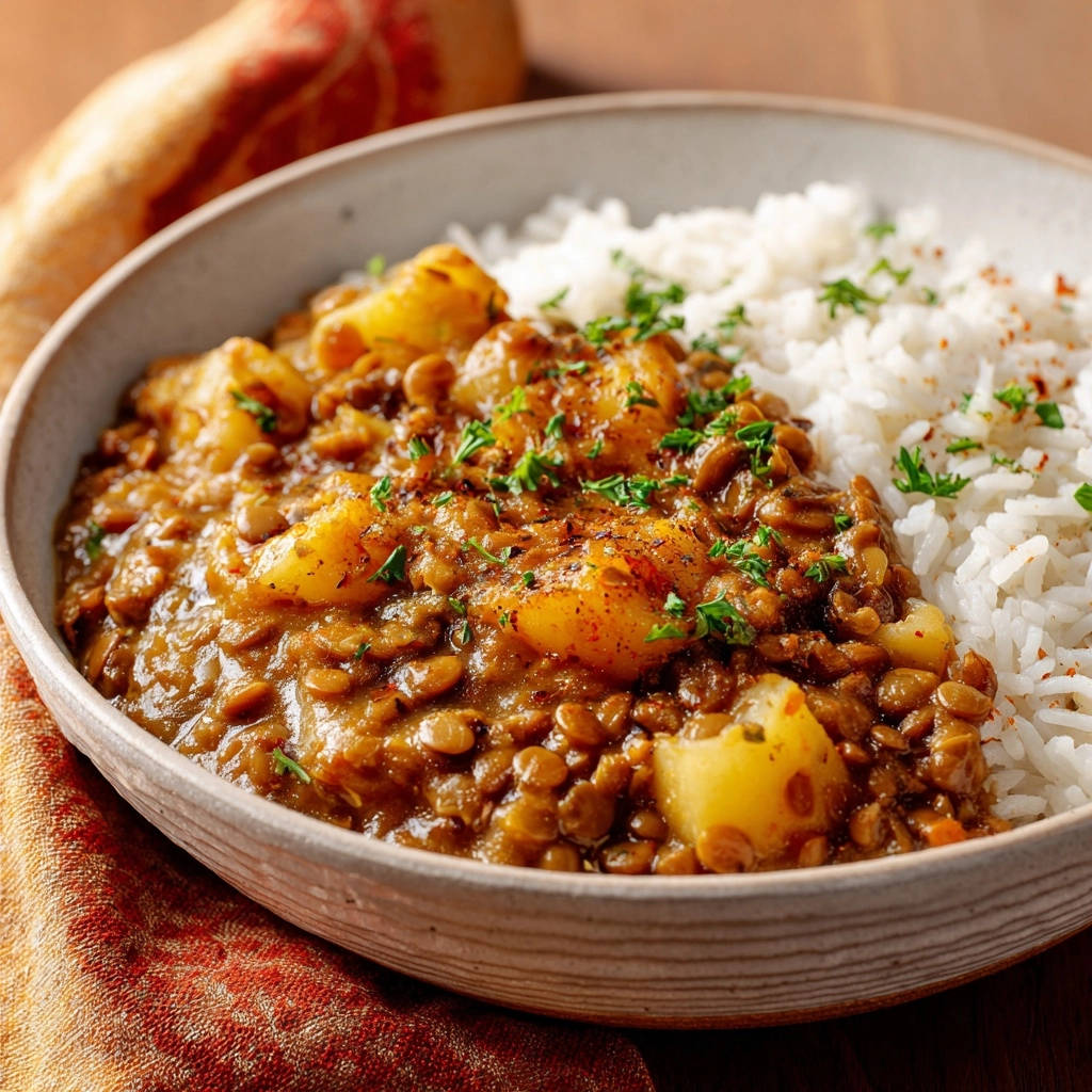 Herzhaftes Linsen-Kartoffel-Curry als Nahaufnahme mit frischer Petersilie garniert und Reis serviert.