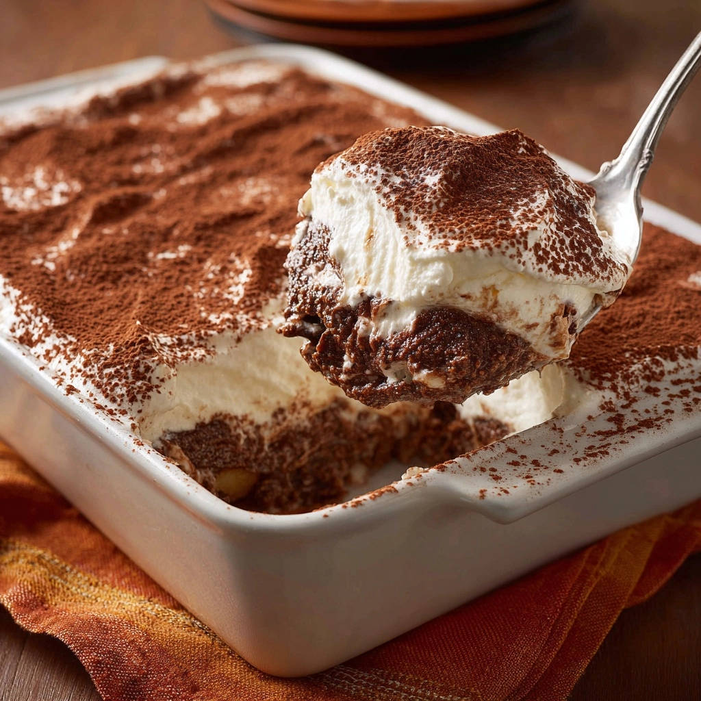 Mein Traum-Tiramisu wird mit einem Löffel aus der Auflaufform gehoben und zeigt die cremige Schicht obenauf.