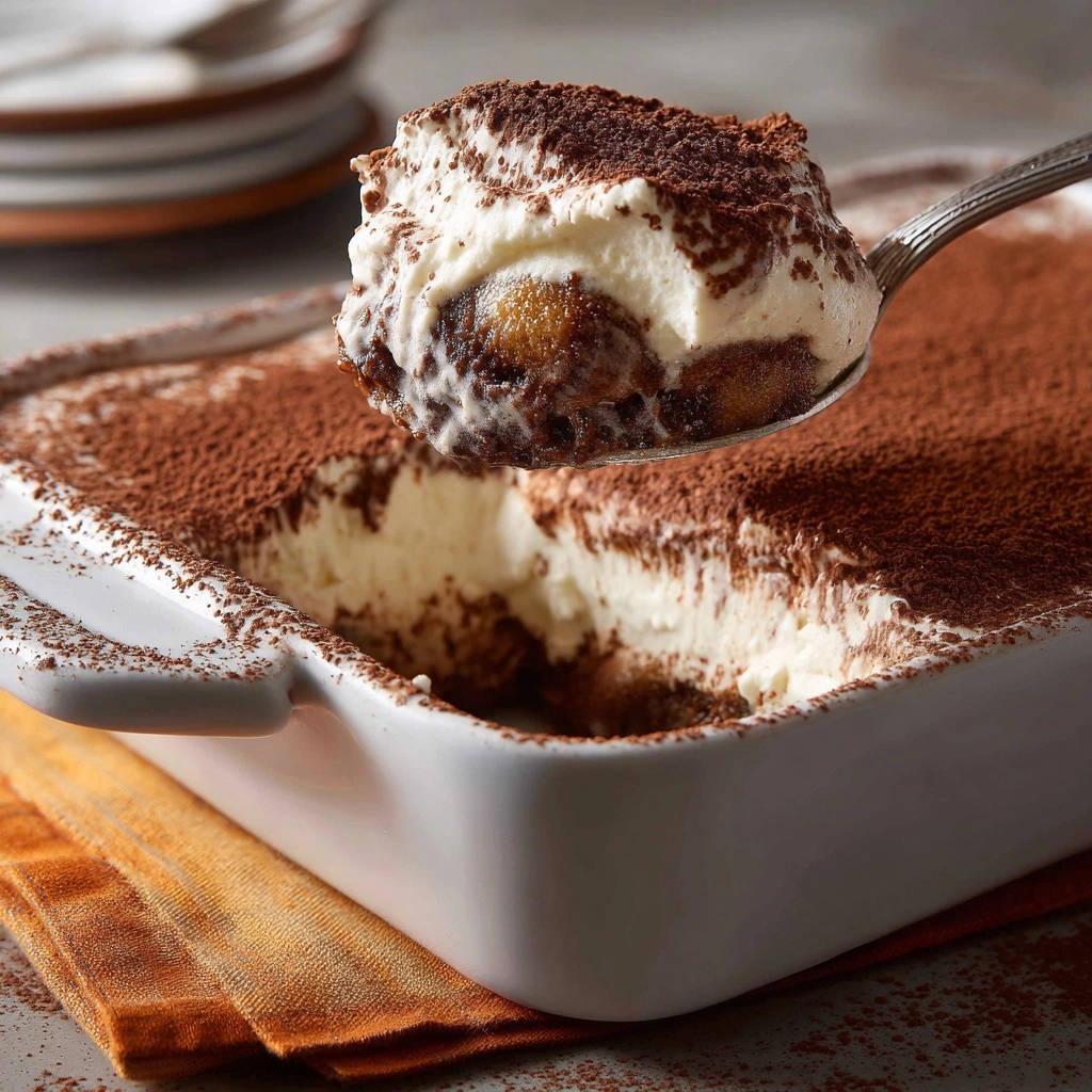 Mein Traum-Tiramisu mit einem Löffel voll cremigem Dessert und Kakaopulver bestäubt