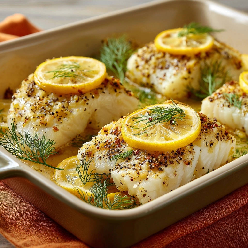 Ofen Fischfilet Zitrone Dill Detail 1 Saftiges Ofen-Fischfilet mit Zitrone und Dill, detailaufnahme mit frischem Dill und Zitronenscheiben garniert.