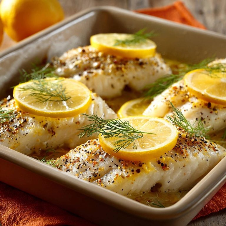 Saftiges Ofen-Fischfilet mit Zitrone und Dill, nahaufnahme der Garnitur mit Dill und Zitronenscheiben