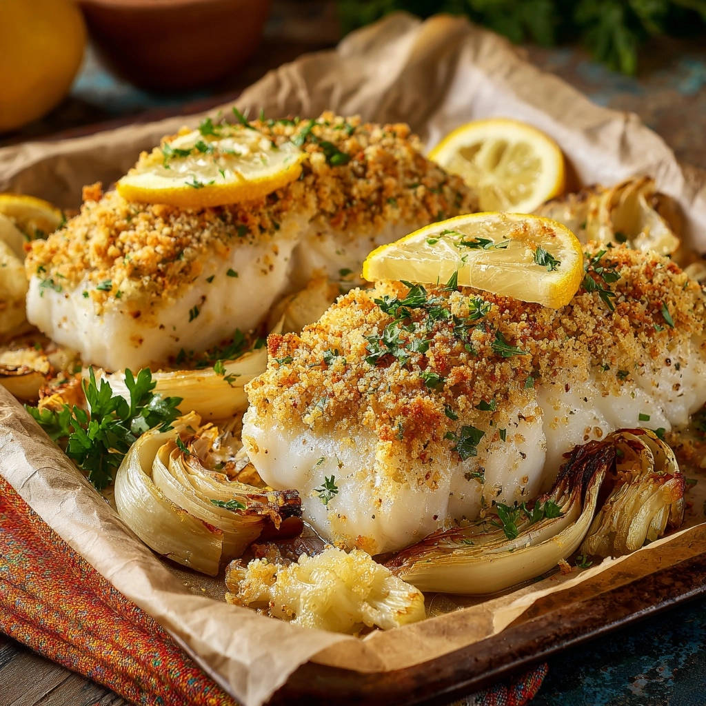Knuspriges Ofen-Kabeljau mit Fenchel, nahaufnahme der goldbraunen Kruste und saftigen Fischfilets.