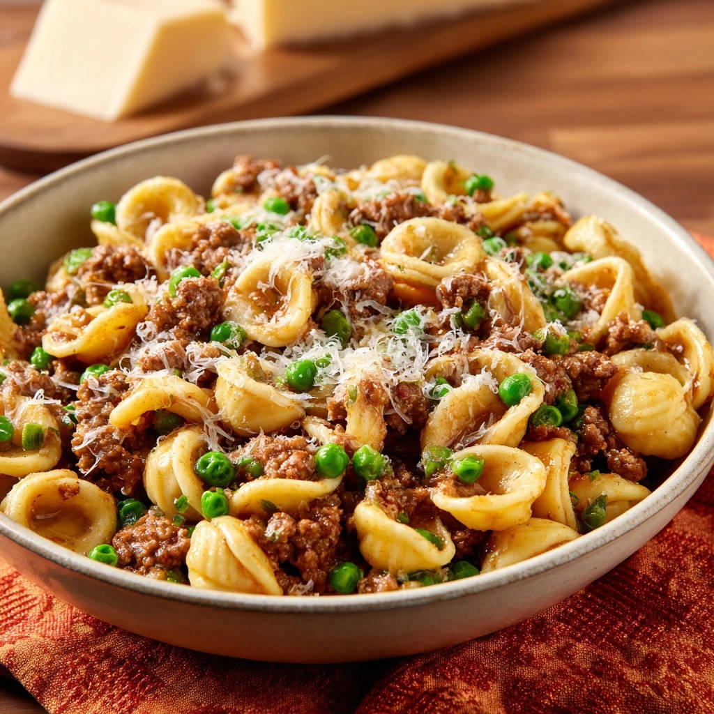 Orecchiette mit Hackfleisch und Erbsen in einer Schüssel, Nahaufnahme mit geriebenem Käse garniert