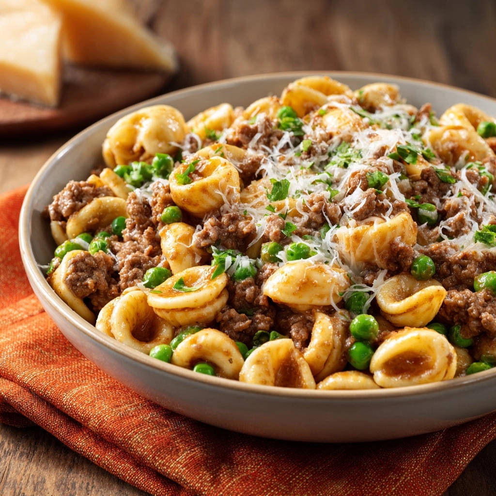 Orecchiette mit Hackfleisch und Erbsen, eine Nahaufnahme der Nudeln mit Fleischsauce und Parmesan.