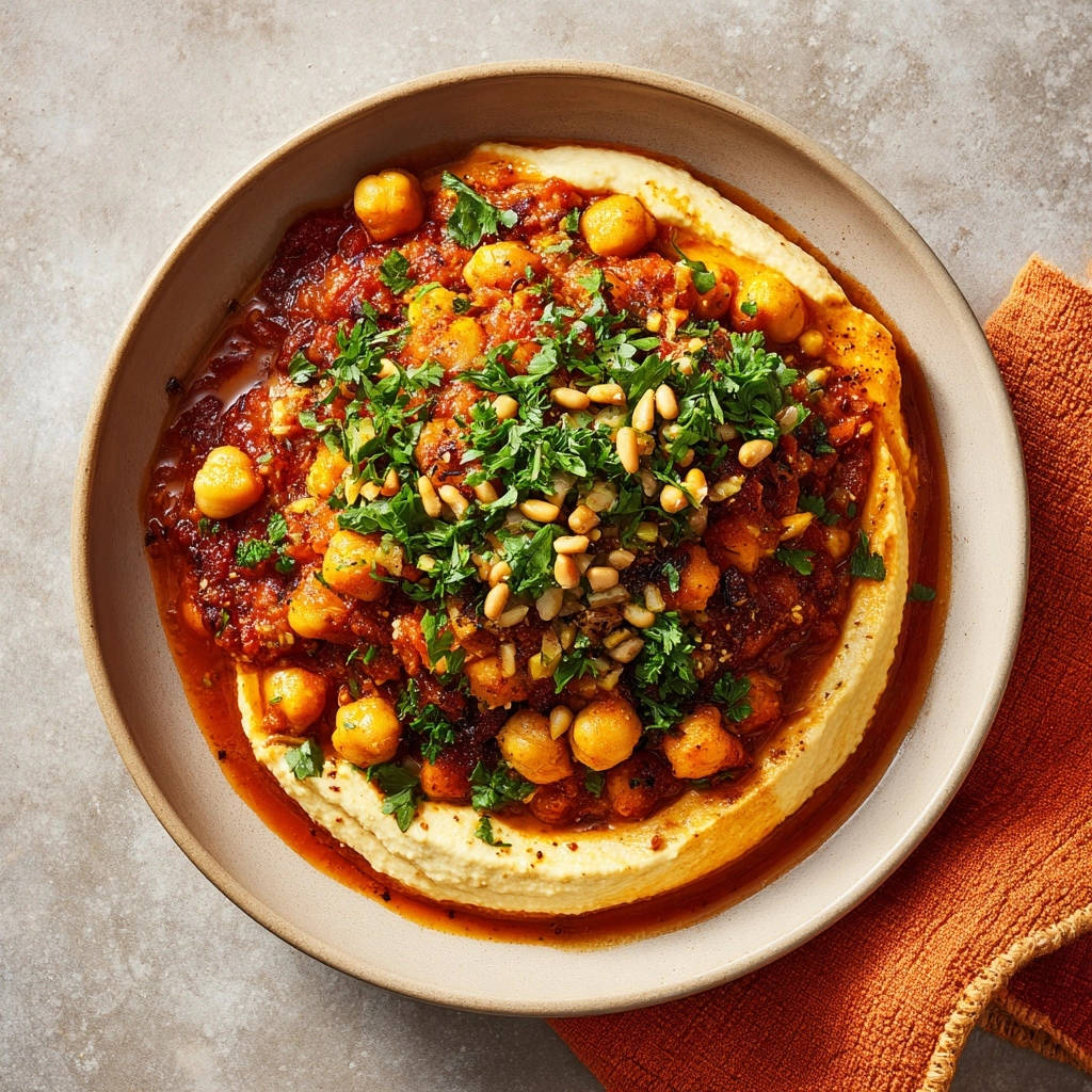 Orientalische Hummus Bowl Garniert 1 Orientalische Hummus-Bowl mit würzigen Kichererbsen, garniert mit frischer Petersilie und Pinienkernen, von oben gesehen.
