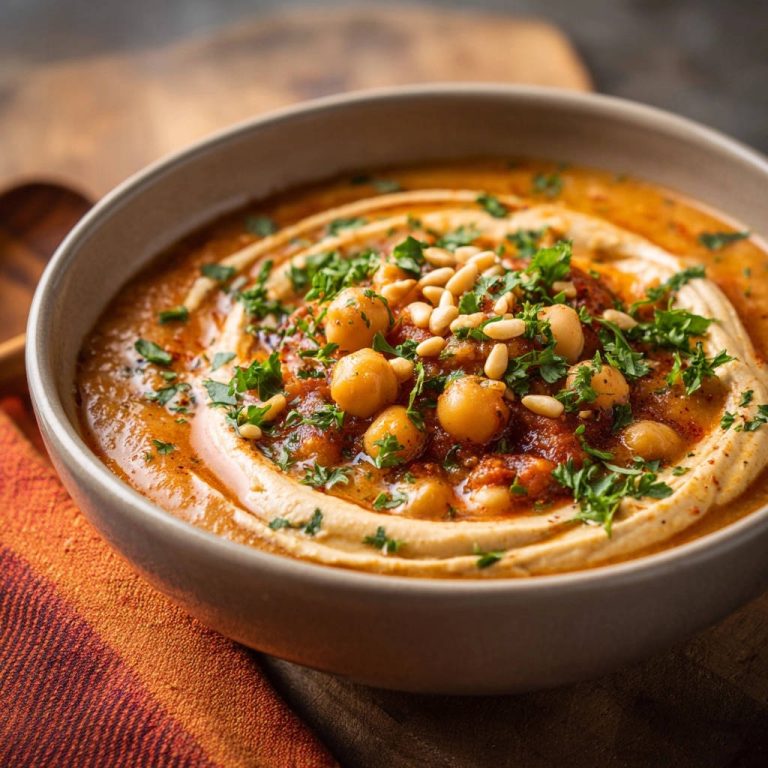 Orientalische Hummus-Bowl mit würzigen Kichererbsen, garniert mit Petersilie und Pinienkernen, in einer Schale serviert.