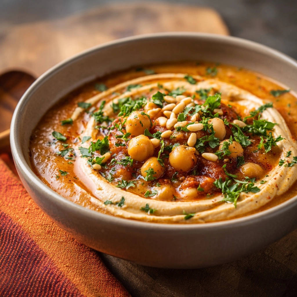 Orientalische Hummus-Bowl mit würzigen Kichererbsen, garniert mit Petersilie und Pinienkernen, in einer Schale serviert.