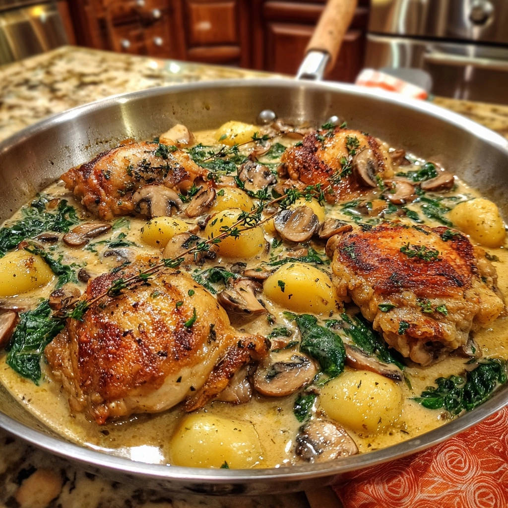 Pfannen Haehnchen Mit Babykartoffeln Pilzen Spinat Nahaufnah 1 Pfannen-Hähnchen mit Babykartoffeln, Pilzen & Spinat als Nahaufnahme in einer Metallpfanne mit cremiger Sauce.