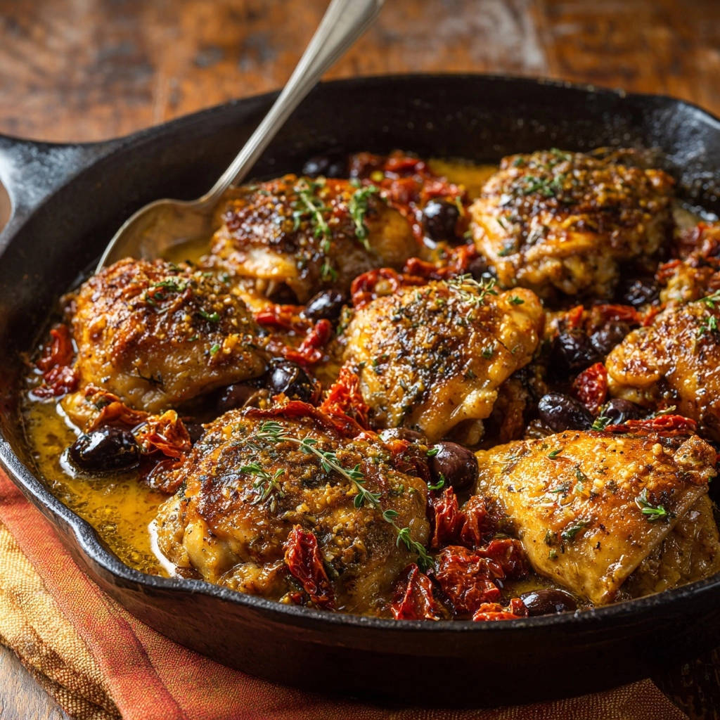 Pfannen-Hähnchen mit Tomaten und Oliven in einer Gusseisenpfanne serviert, mit knuspriger Haut und Kräutern garniert.