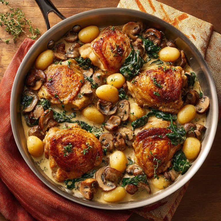 Pfannen-Hähnchen mit Babykartoffeln, Pilzen & Spinat als Draufsicht in einer Pfanne mit knuspriger Haut