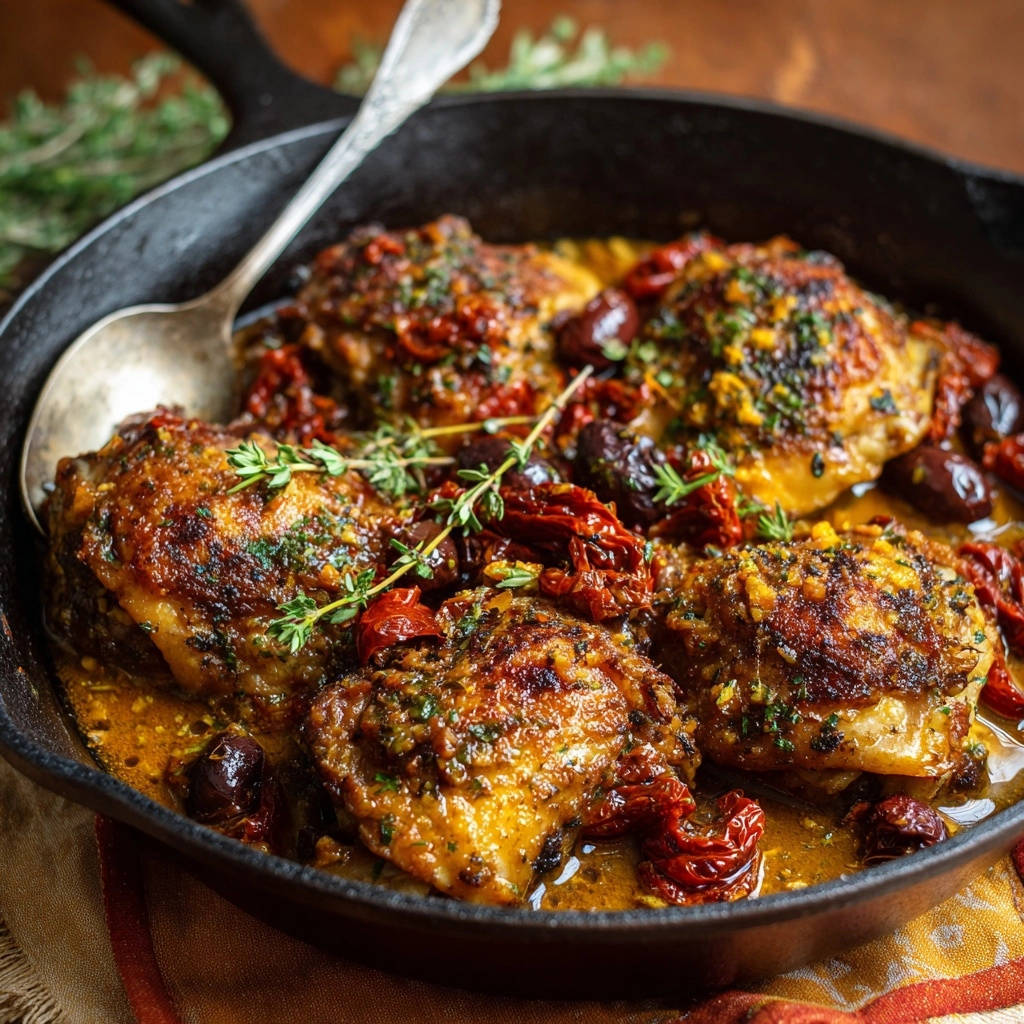 Pfannen-Hähnchen mit Tomaten und Oliven aus der Pfanne mit knuspriger Haut und Kräutern garniert im Detail.