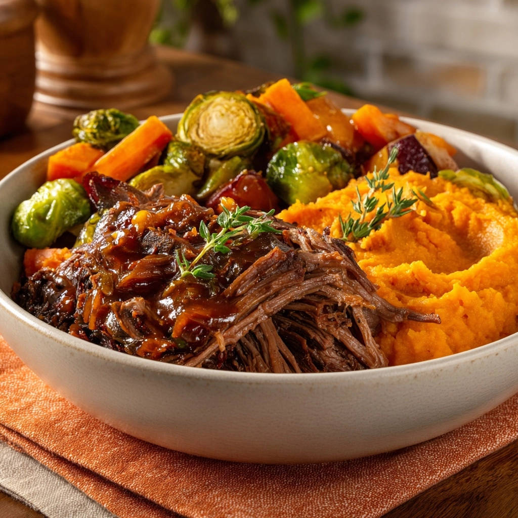 Rinderschmorbraten Wintergemuese Nahaufnahme Schuessel 1 Zarter Rinderschmorbraten mit Wintergemüse, serviert in einer Schüssel mit Süßkartoffelpüree und garniert mit Thymian.