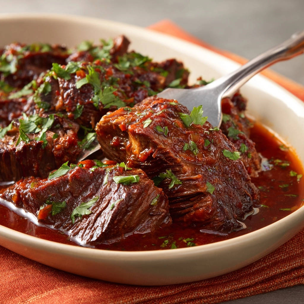 Kräftiges Rinderschmorgericht mit einer Gabel, die ein Stück zartes Fleisch aus der Schüssel hebt.