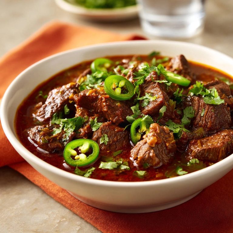 Herzhaftes Rindfleischgulasch mit Jalapeño, garniert mit frischem Koriander und Jalapeño-Scheiben in einer weißen Schüssel.