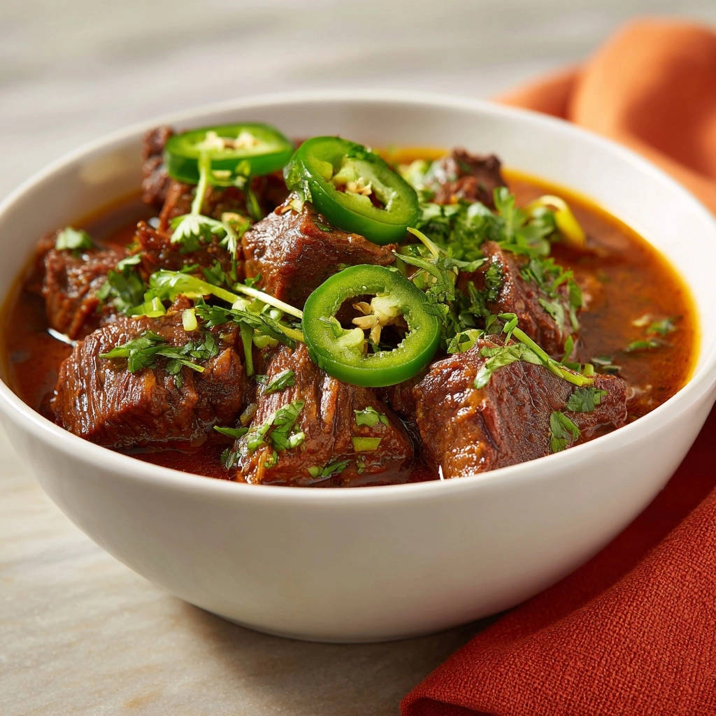 Herzhaftes Rindfleischgulasch mit Jalapeño, garniert mit frischem Koriander und Jalapeño-Scheiben in einer weißen Schüssel.