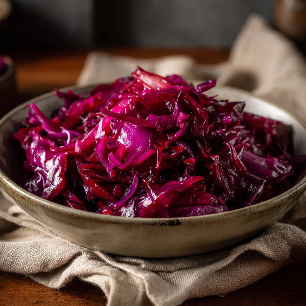 Rotkohl-Klassiker als Nahaufnahme in einer rustikalen Schüssel auf einem Leinentuch präsentiert.