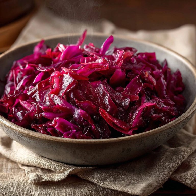 Rotkohl-Klassiker als Nahaufnahme mit sichtbarem Dampf, der aus der Schüssel aufsteigt.