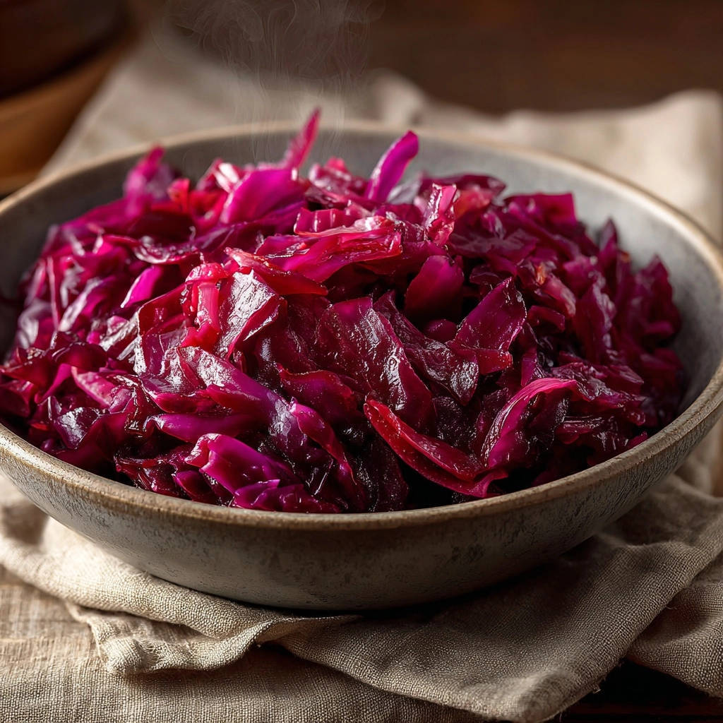 Rotkohl-Klassiker als Nahaufnahme mit sichtbarem Dampf, der aus der Schüssel aufsteigt.